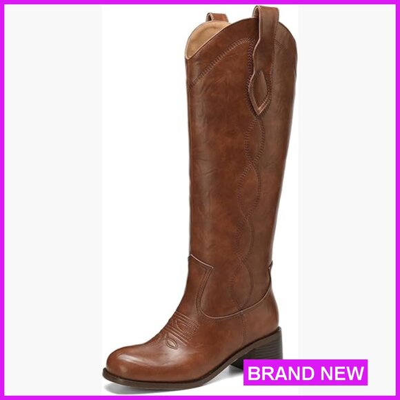 Western Knee High Boots Square Toe Chunky Heel Faux Leather Wide Calf
